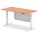 Air 800mm deep adjustable desk by Dynamic with cable ports, steel modesty panel, finished in beech wood, shown from a side angle.