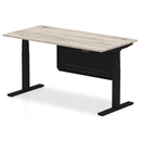 Dynamic Air 800mm deep height adjustable desk in grey oak with cable ports and steel modesty panel, featuring a sleek modern design.