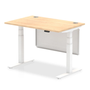 Dynamic Air 800mm deep height adjustable desk with cable ports, steel modesty panel, in maple finish, featuring a clean, modern design.