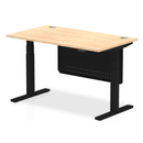 Dynamic Air 800mm deep height adjustable desk with cable ports and steel modesty panel in maple finish.