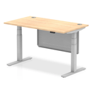 Dynamic Air 800mm deep height adjustable desk with cable ports and steel modesty panel in maple finish.