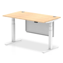 Dynamic Air 800mm deep height adjustable desk in maple with cable ports and steel modesty panel, shown with clean workspace.