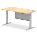 Dynamic Air 800mm deep height adjustable desk with cable ports and steel modesty panel in maple finish.