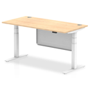 Dynamic Air 800mm deep height adjustable desk with cable ports and steel modesty panel in maple finish.