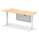 Dynamic Air 800mm deep height-adjustable desk in maple with cable ports and steel modesty panel, showing the workspace and design details.