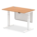 Dynamic Air 800mm deep height adjustable oak desk with cable ports and steel modesty panel, featuring a sleek white finish.