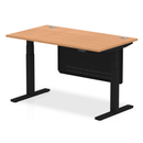 Dynamic Air 800mm deep height adjustable oak desk with cable ports and steel modesty panel, featuring a sleek black finish.