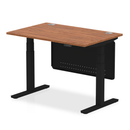 Dynamic Air 800mm deep height adjustable desk with walnut finish, cable ports, steel modesty panel, and modern design.