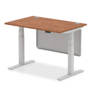 Dynamic Air 800mm deep height-adjustable desk with walnut finish, cable ports, steel modesty panel, and ergonomic design.
