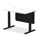 White Dynamic Air 800mm deep height-adjustable desk with cable ports and steel modesty panel, showing the sleek workspace surface.