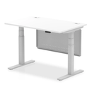 White Dynamic Air 800mm deep height-adjustable desk with cable ports and steel modesty panel, modern office furniture.