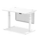 White Dynamic Air 800mm deep height adjustable desk with cable ports and steel modesty panel, viewed from the front.