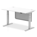 White Dynamic Air 800mm deep height adjustable desk with cable ports and steel modesty panel, suitable for versatile workspace setup.
