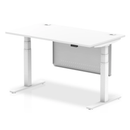 White Dynamic Air 800mm deep height adjustable desk with cable ports and steel modesty panel, showing the sleek workspace setup.