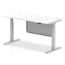 White Dynamic Air 800mm deep height adjustable desk with cable ports and steel modesty panel, shown from side view.