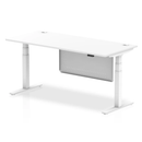 White Dynamic Air 800mm deep height-adjustable desk with cable ports and steel modesty panel, showing the clean tabletop and sturdy frame.