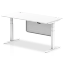 White Dynamic Air 800mm deep height adjustable desk with cable ports and steel modesty panel, showcasing the sleek workspace setup.