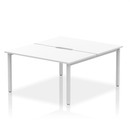 White Evolve Plus B2B 2-person bench desk by Dynamic with sleek silver accents, ideal for collaborative workspaces.