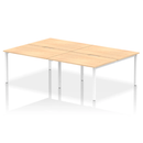White Evolve Plus B2B 4-person bench desk by Dynamic with a maple finish, featuring a sturdy tabletop and modern design.