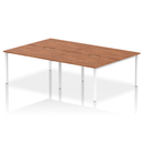 Dynamic Evolve Plus B2B 4-person walnut bench desk showing a sleek wooden surface with sturdy legs and modern design.