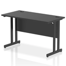 Black Impulse 600mm deep straight desk with cantilever legs by Dynamic, showing the sleek tabletop and sturdy black metal frame.