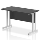 Black Impulse 600mm deep straight desk with cantilever legs by Dynamic, shown from the side with a spacious work surface.