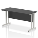 Black Impulse 600mm deep straight desk with cantilever legs by Dynamic, showing a sleek office workspace.