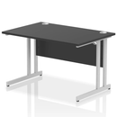 Black Impulse 800mm deep straight desk with cantilever legs by Dynamic, showing a sleek, modern office workspace setup.