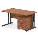 Dynamic Impulse cantilever straight desk with walnut finish and three-drawer mobile pedestal, modern office workspace setup.