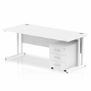 White Impulse cantilever straight desk by Dynamic with three-drawer mobile pedestal and modern design.