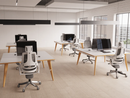 Dynamic Oslo 2 Person Single Row Desk showing a modern wooden office desk with two workspaces and metal legs.