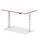 Dynamic Oslo Air height adjustable desk with white top, natural wood edge, and white frame, ideal for ergonomic workspace setup.