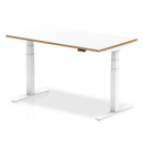 Oslo Air height adjustable desk with white top, natural wood edge, and white frame by Dynamic, suitable for modern office spaces.