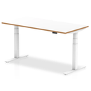 Dynamic Oslo Air height adjustable desk with white top, natural wood edge, and white frame, showcasing its modern design.