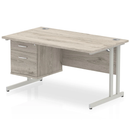 Dynamic Impulse cantilever straight desk with fixed pedestal in grey oak finish, showcasing the spacious workspace and sturdy design.