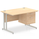 Impulse cantilever straight desk with fixed pedestal in maple wood finish by Dynamic, showing the workspace and sturdy frame.