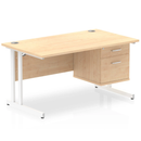 Dynamic Impulse cantilever straight desk with fixed maple pedestal, showcasing a sleek white desktop and sturdy metal frame.