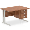 Dynamic Impulse cantilever straight desk with fixed walnut pedestal, showing a sleek wood finish and modern office design.