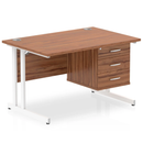 Impulse cantilever straight desk by Dynamic with fixed pedestal, featuring a walnut wood finish and modern office design.