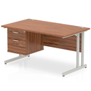 Dynamic Impulse cantilever straight desk with fixed walnut pedestal, showcasing a modern office workspace with clean lines and wood finish.