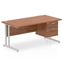 Dynamic Impulse cantilever straight desk with fixed walnut pedestal, showcasing a sleek wood finish and sturdy metal frame.