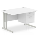 White Impulse cantilever straight desk with fixed pedestal by Dynamic, showing clean, modern office workspace with sturdy construction.