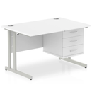 White Impulse cantilever straight desk with fixed pedestal by Dynamic, showing clean, modern office workspace with sturdy construction.