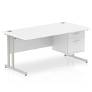 White Impulse Cantilever Straight Desk with fixed pedestal by Dynamic, showing sleek design and sturdy metal legs.