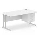 White Impulse cantilever straight desk with fixed pedestal by Dynamic, showing a modern office workspace setup.