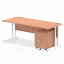 Dynamic Impulse cantilever straight desk with 2-drawer mobile pedestal in beech finish, featuring a sleek, modern office workspace setup.