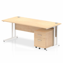 Dynamic Impulse cantilever straight desk with two-drawer mobile pedestal in maple finish, featuring a sleek workspace setup.