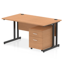 Dynamic Impulse cantilever straight desk with oak finish and two-drawer mobile pedestal, modern office furniture.