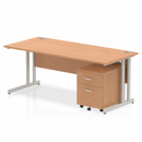 Dynamic Impulse cantilever straight desk in oak with two-drawer mobile pedestal, ideal for modern office workspace.