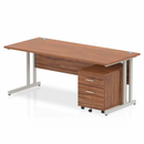 Dynamic Impulse cantilever straight desk with walnut finish and two-drawer mobile pedestal, modern office furniture setup.